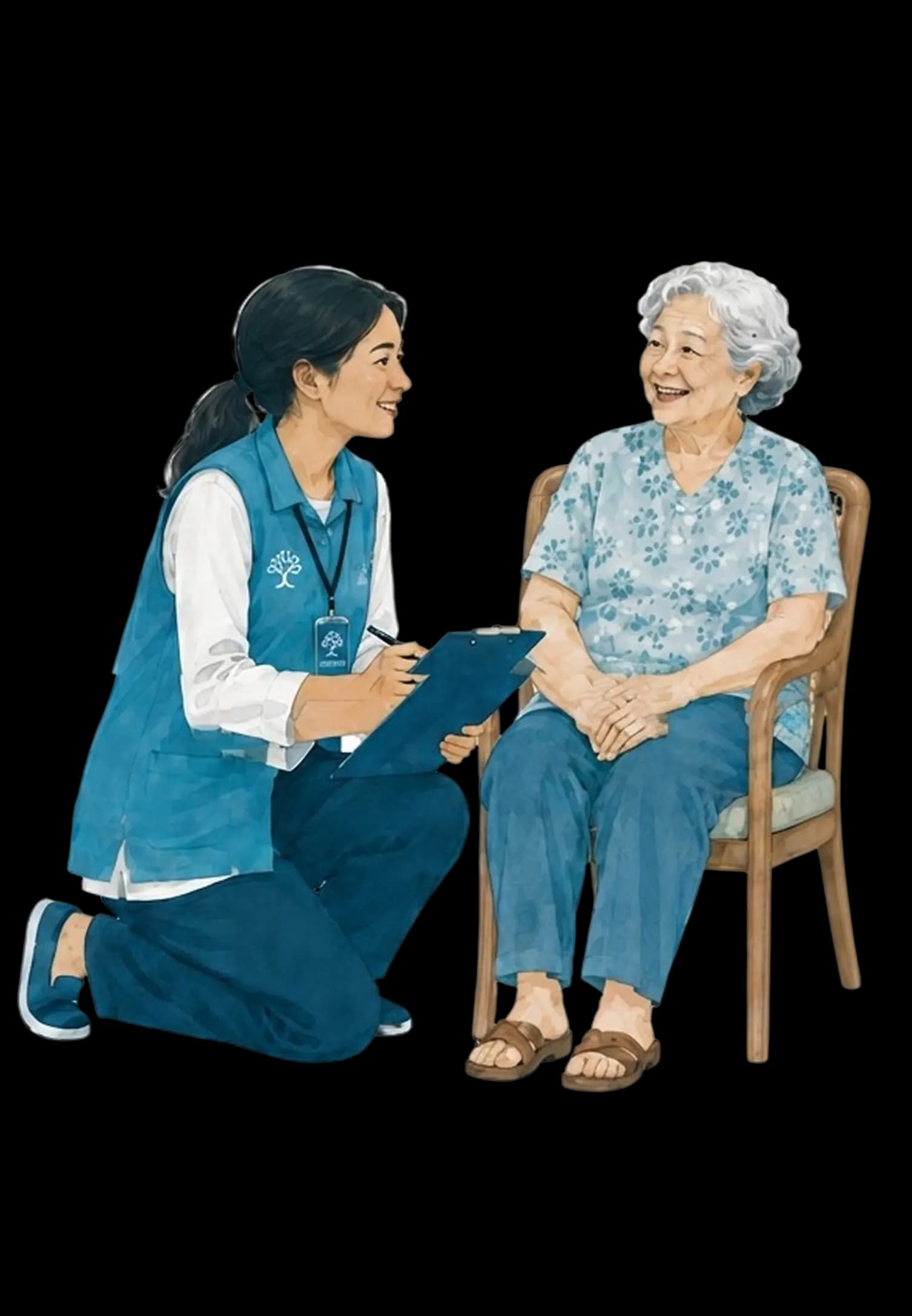 A social worker speaking with an older woman
