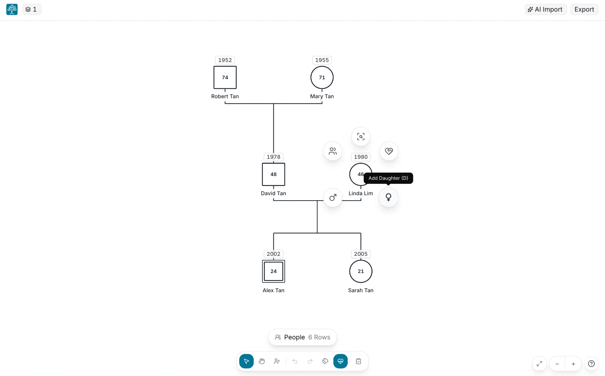 Kintree genogram editor with a three-generation family map