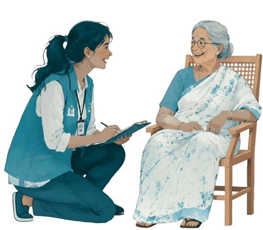 A social worker speaking with an older woman