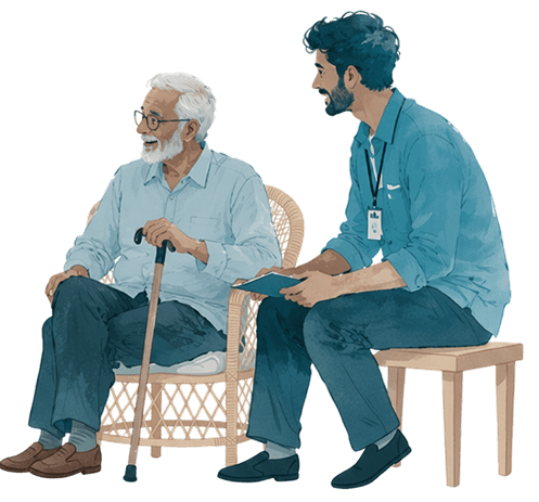 A social worker speaking with an older man