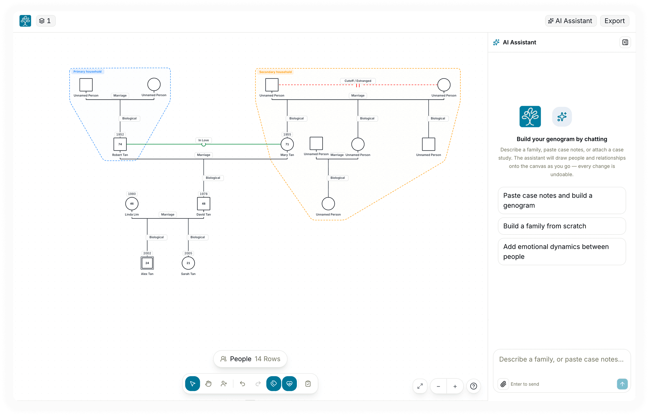 The Kintree editor displaying a multi-generational family genogram and AI assistant